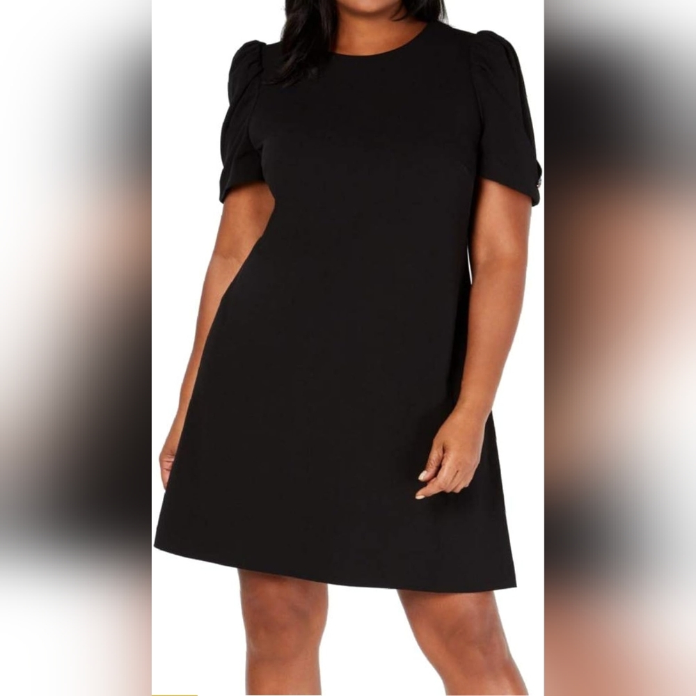 Calvin Klein Women's Plus Size Short Sleeve Sheath Crystal Button Black Dress